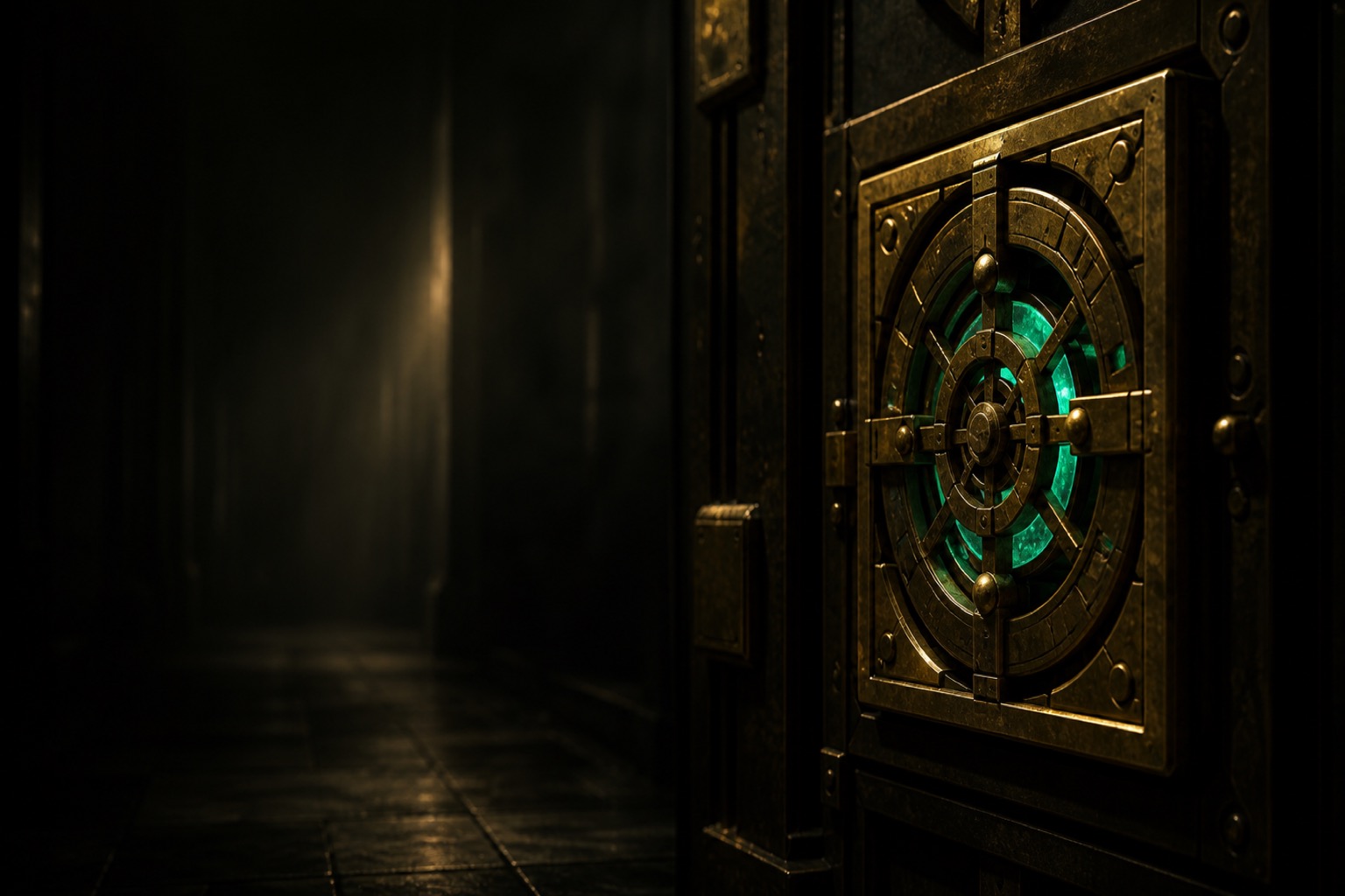 Dark escape-room corridor with warm practical lighting leading toward a closed steel door